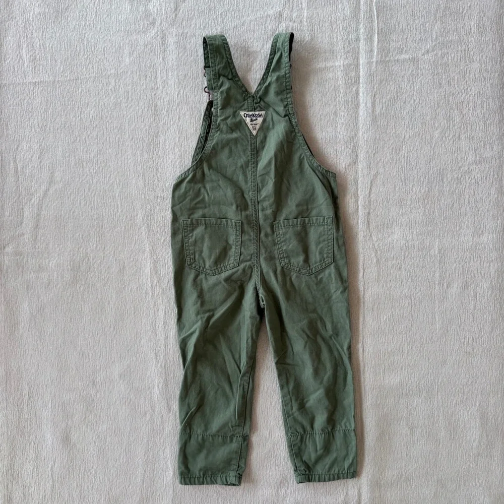 OshKosh B'gosh Toddler Overalls Size 2T Green Cotton Bib Overalls Floral Lining